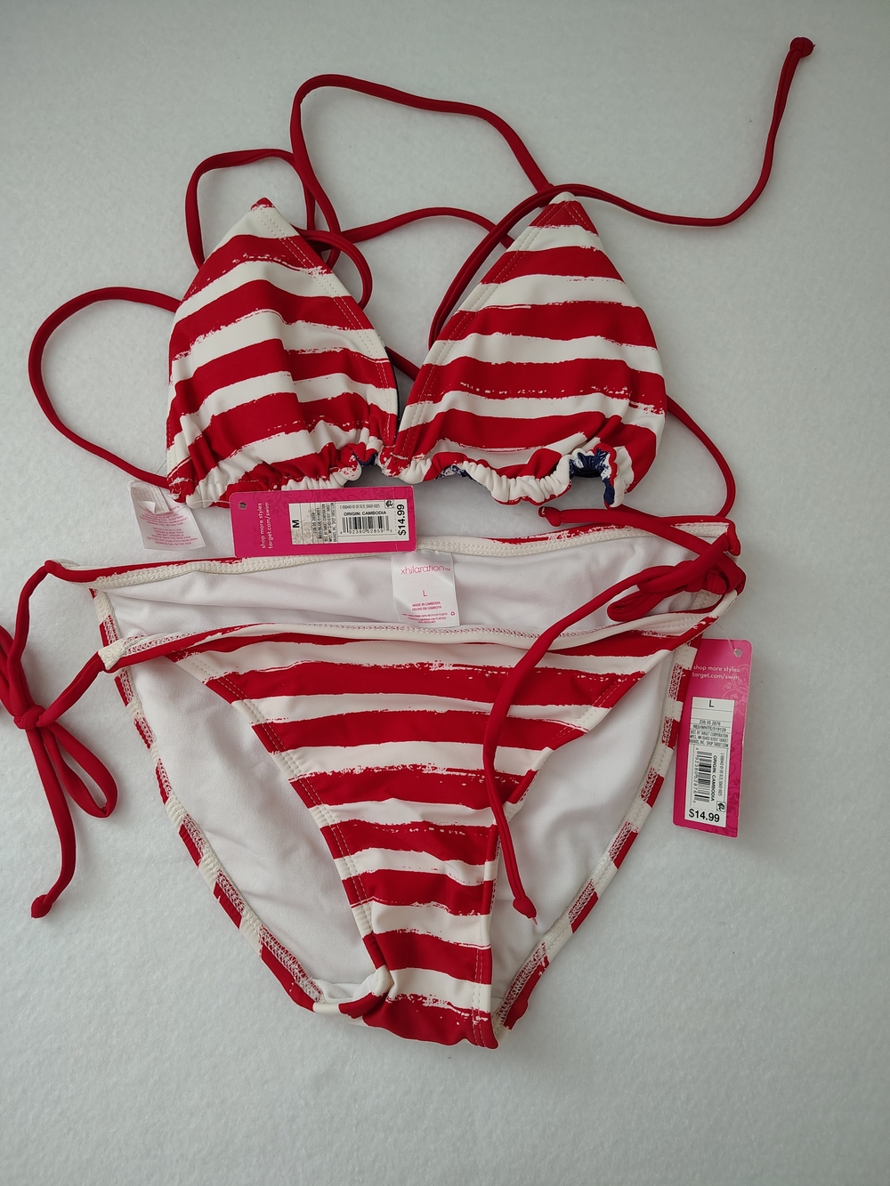 Red and White Striped Tie-Side Bikini Set Top Size M Bottom Size L